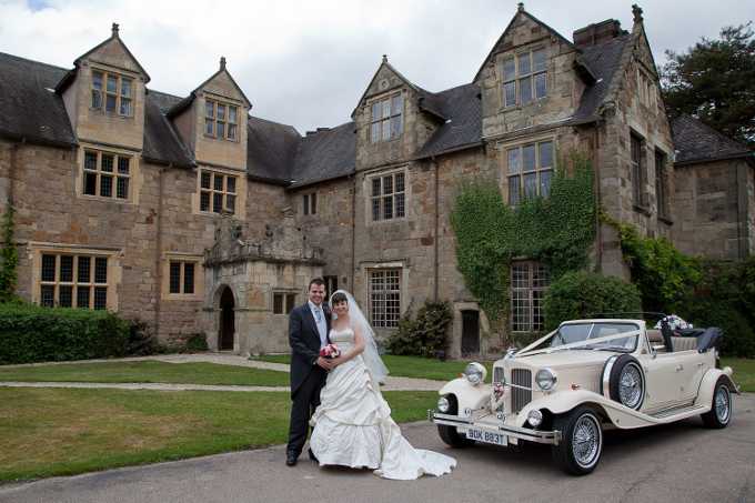 Bride and Groom with the Beaufotrd wedding car in the grounds of Madeley Court Hotel.
